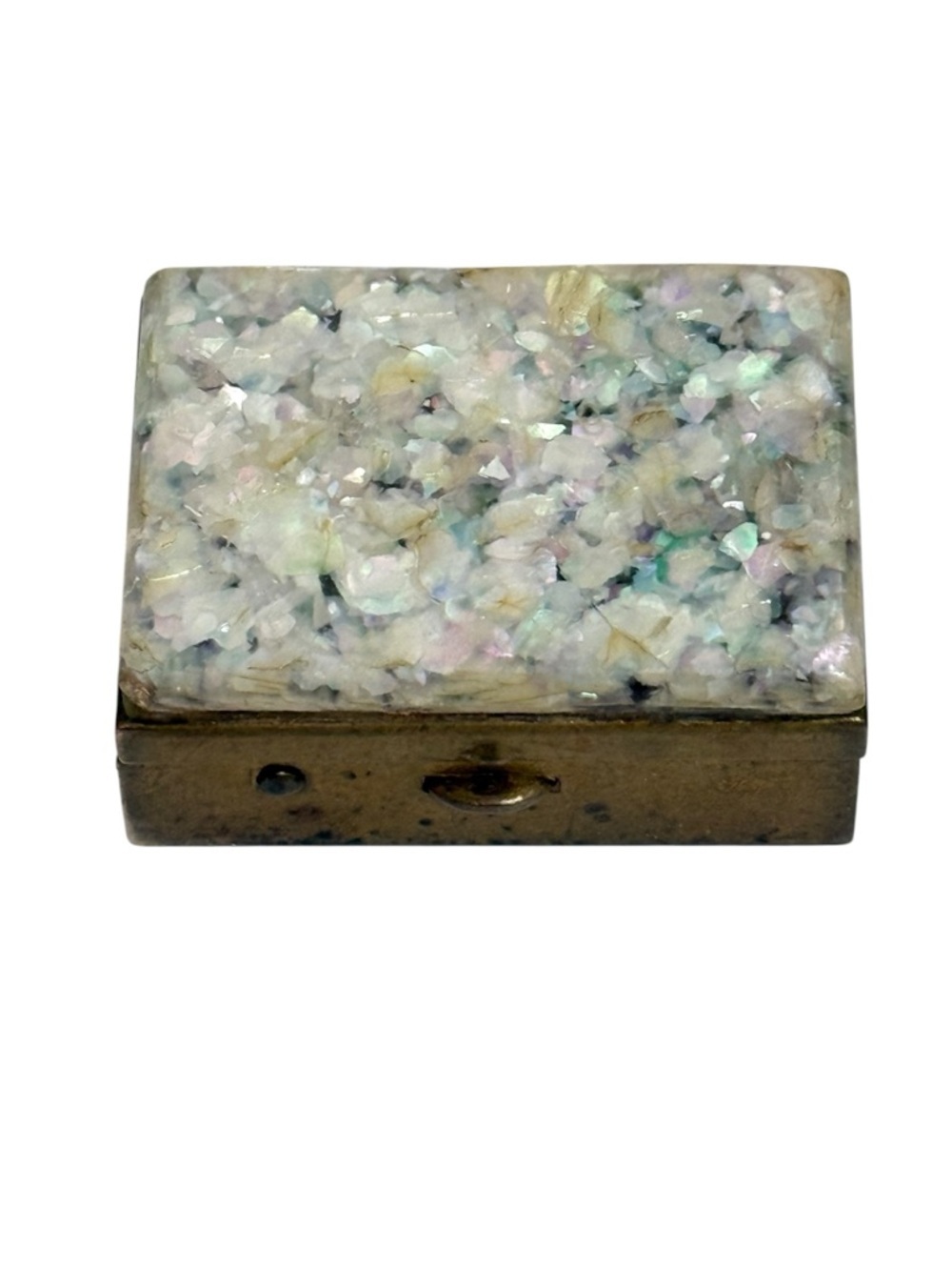 Vintage trinket pill box Opalescent Mosaic Iridescent White decor tiny